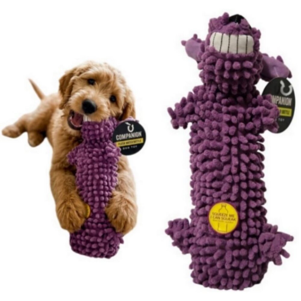 Multipet Companion Purple Plush Water Bottle Dog Toy Squeaks Crinkle Shaggy NWT